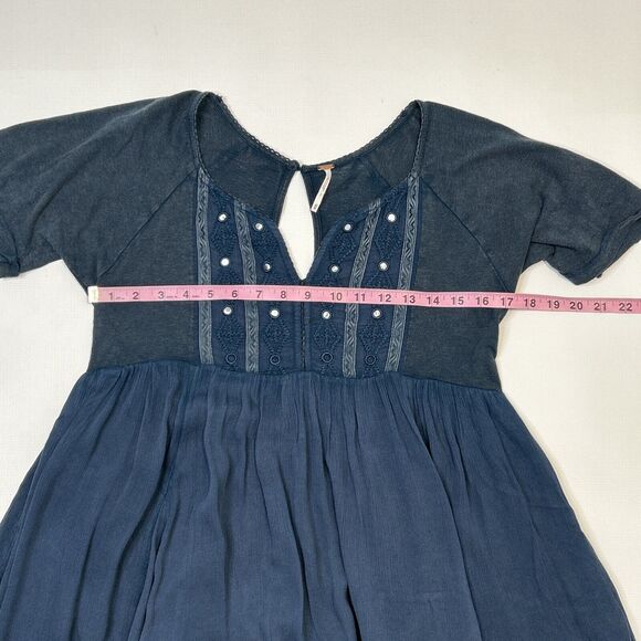 Free People XS Oh So Easy Babydoll Dress Blue Green Embroidered Mirrored Flowy - Picture 6 of 9